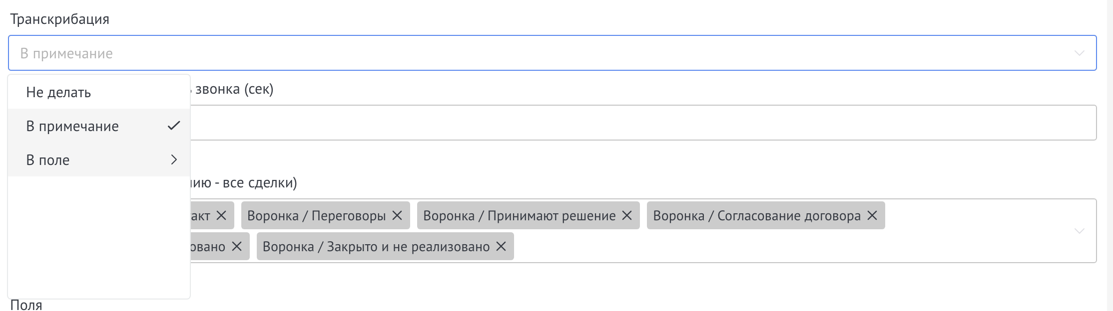 Выбор куда записывать транскрибацию