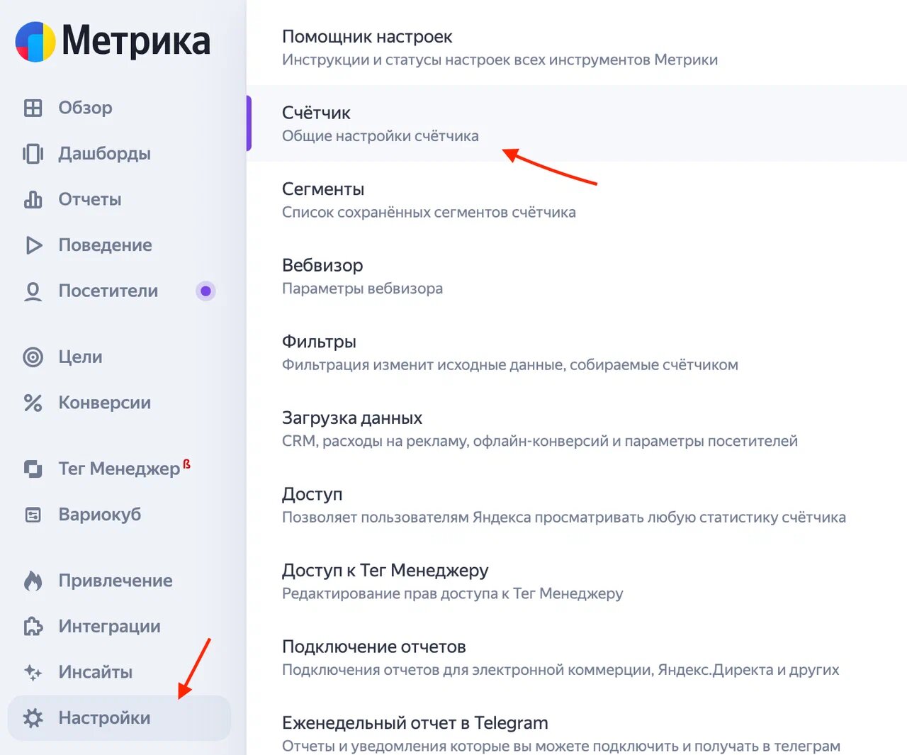 Настройки счётчика Яндекс.Метрики