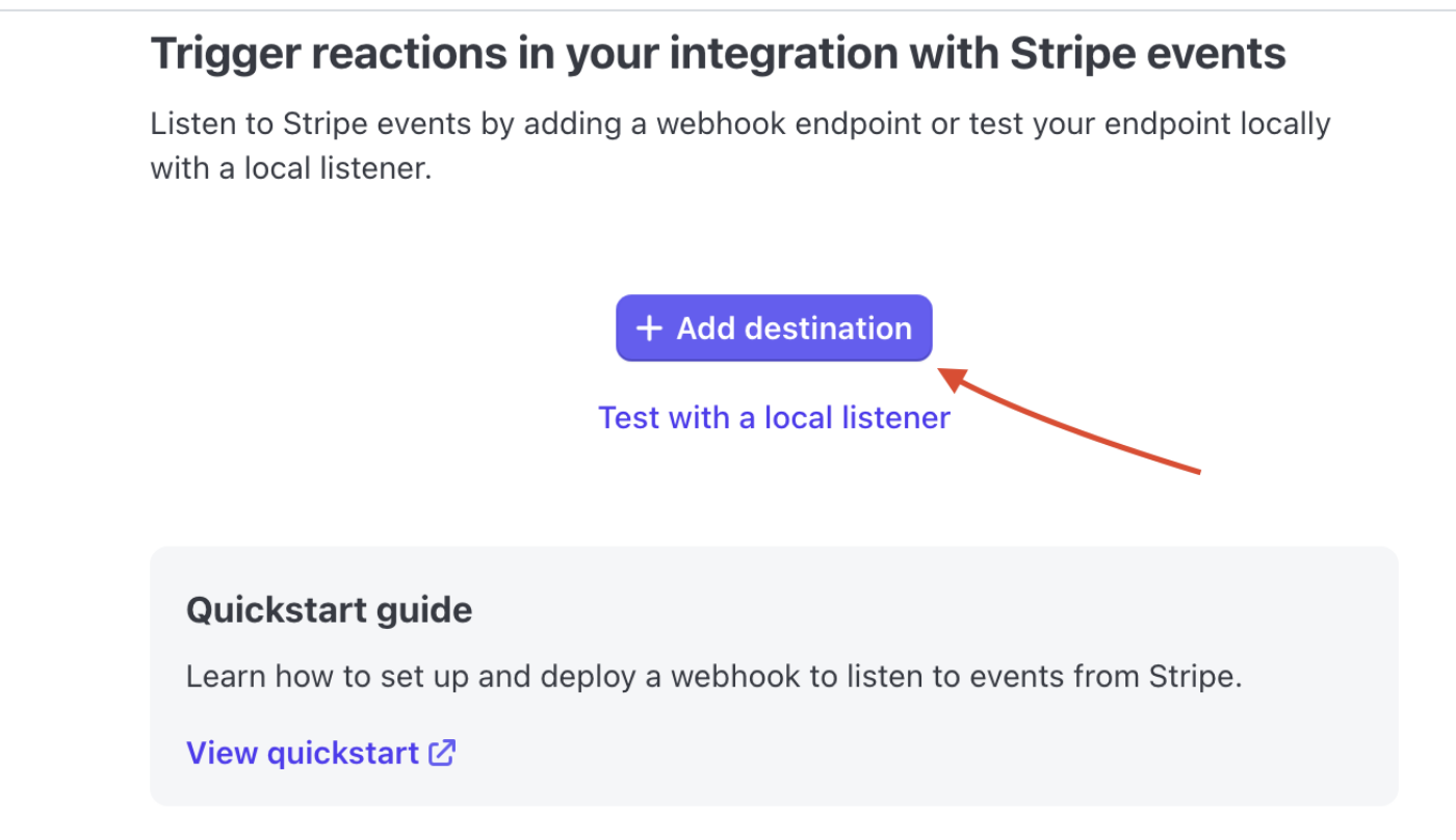 Кнопка Add destination в Stripe