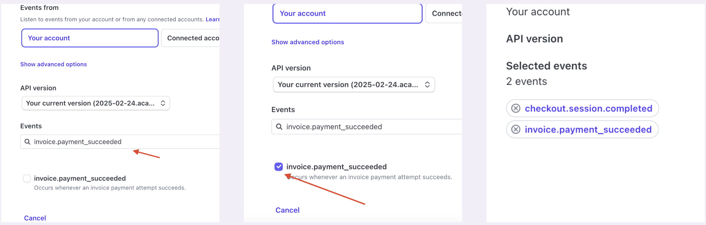Выбор событий webhook в Stripe