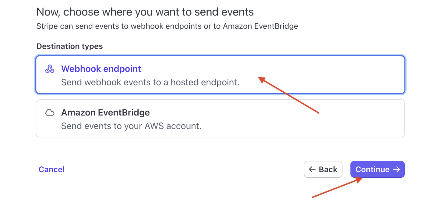 Выбор типа Webhook endpoint в Stripe